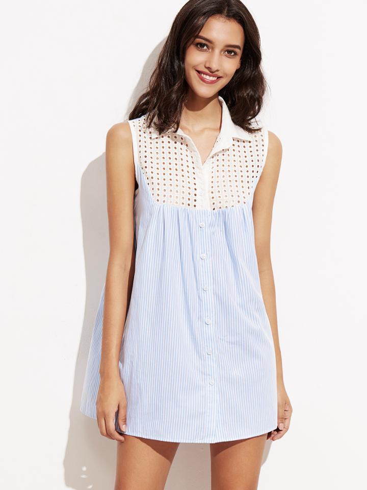 Shein Blue Vertical Striped Contrast Eyelet Yoke Babydoll Dress