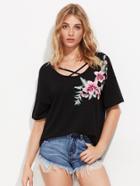 Shein Drop Shoulder Cross Neck Embroidery Patch Tee