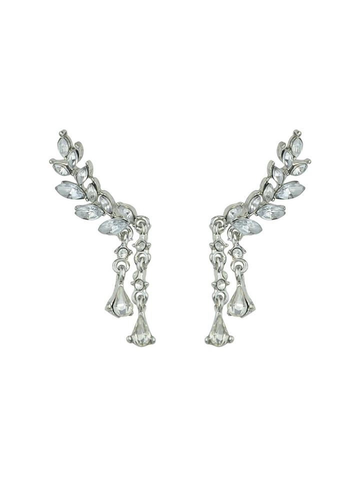 Shein Silver Color Leaf Pattern With Rhinestone Dangle Earrings