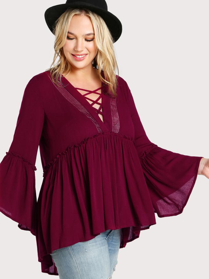 Shein Criss Cross Eyelet Panel Frilled Smock Top