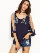 Shein Navy Tassel Tie Neck Split Sleeve Embroidered Blouse
