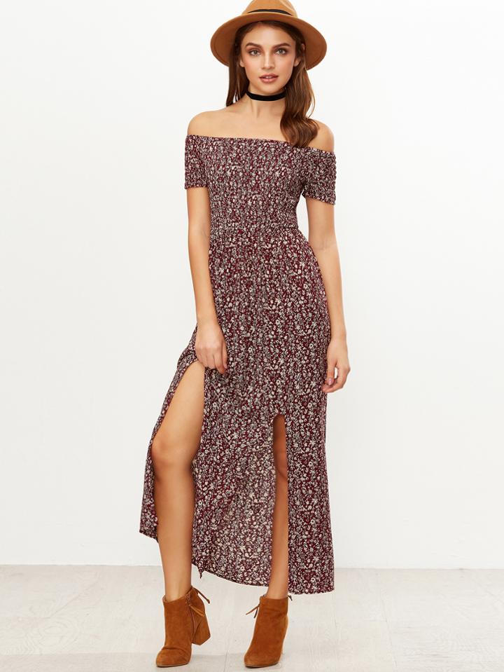 Shein Shirred Slit Front Calico Print Dress