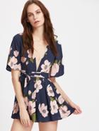 Shein Plunge Neck Flutter Sleeve Tie Waist Box Pleated Playsuit