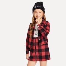 Shein Girls Plaid Shirt & Zip Up Skirt Set