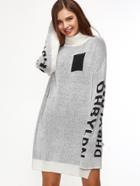 Shein White Turtleneck Letter Sleeve Side Slit Sweater