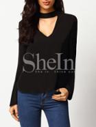 Shein Black Cut Out V Neck Chiffon Blouse
