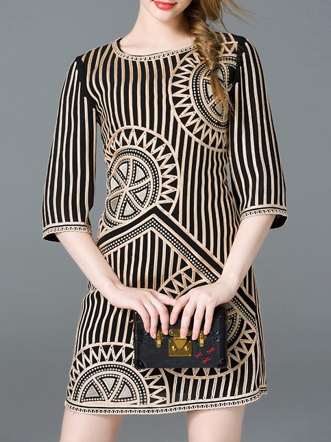 Shein Black Crew Neck Embroidered Shift Dress