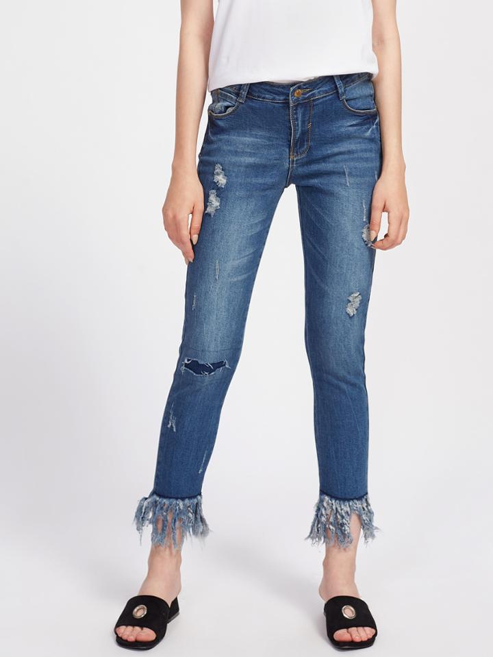 Shein Ripped Detail Fringe Hem Jeans