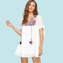 Shein Laser Cut Insert Embroidery Pompom Detail Dress