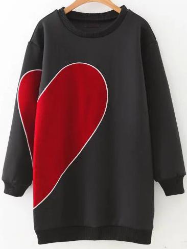 Shein Black Heart Pattern Ribbed Trim Sweatshirt Dress