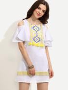Shein White Open Shoulder Tribal Print Tassel Trimmed Dress