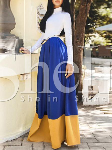 Shein White Blue High Neck Color Block Maxi Dress