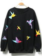 Shein Black Round Neck Birds Print Sweatshirt