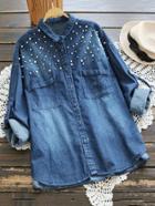 Shein Rolled Sleeve Pearl Detail Dip Hem Denim Shirt