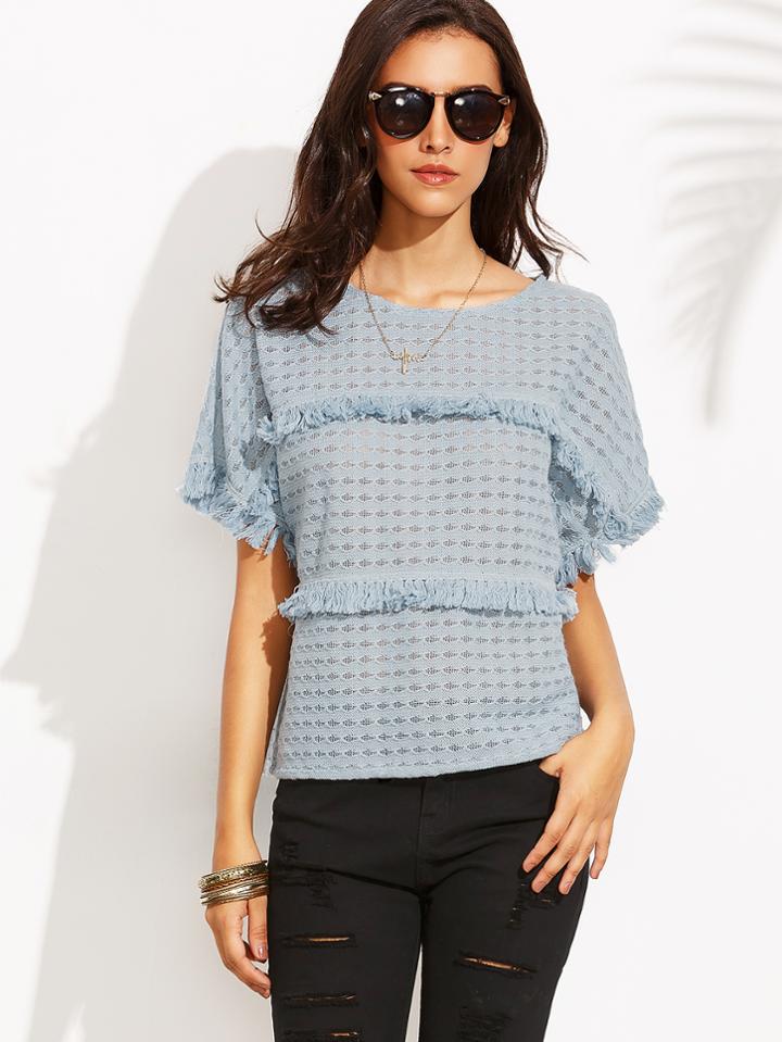 Shein Blue Short Sleeve Tassel T-shirt