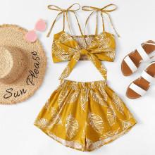 Shein Leaf Print Knot Cami Top With Shorts