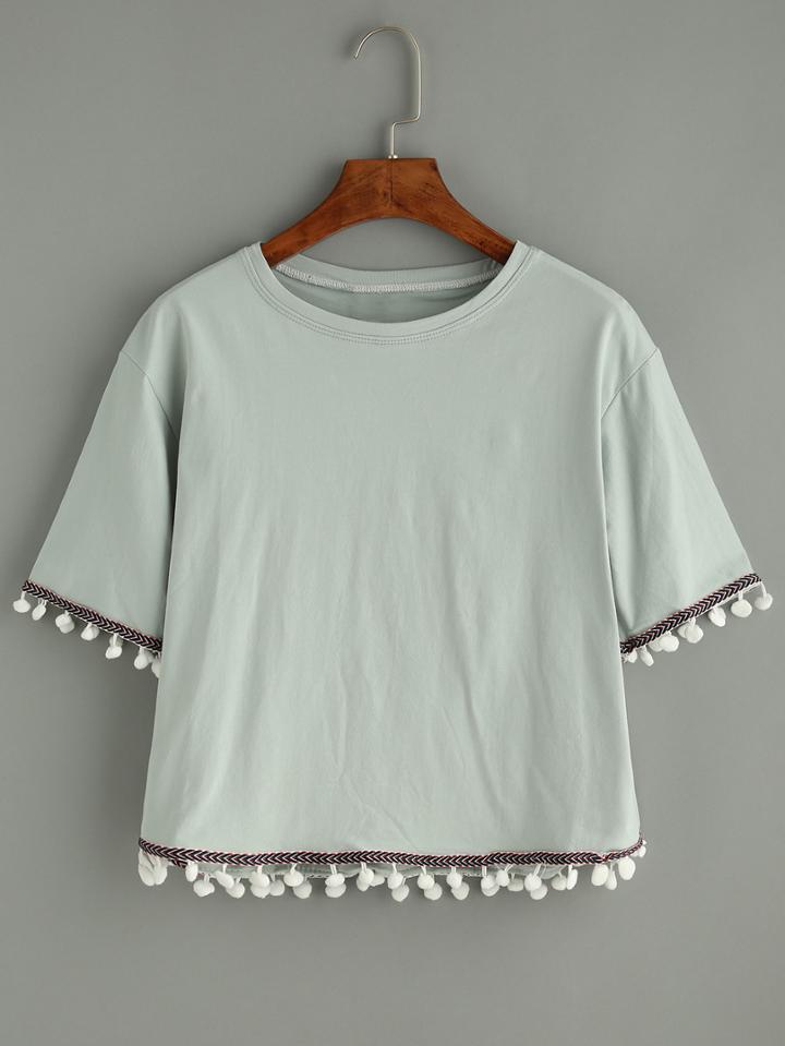 Shein Green Embroidered Tape Detail T-shirt With Pom Pom