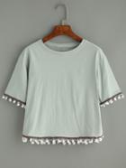 Shein Green Embroidered Tape Detail T-shirt With Pom Pom