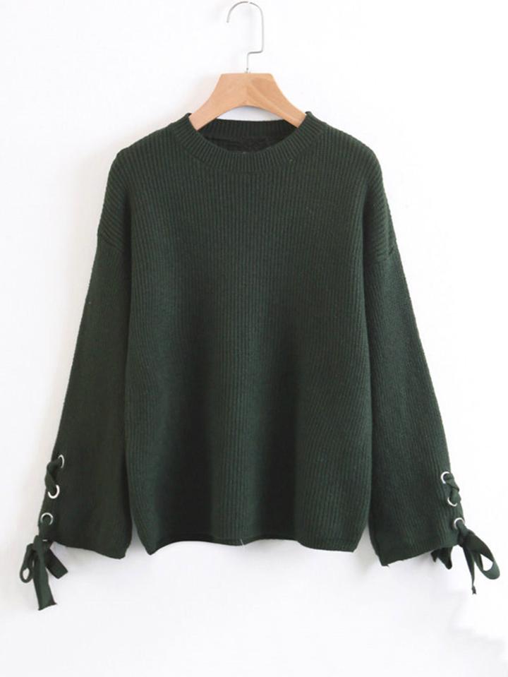 Shein Lace Up Cuff Ribbed Knit Sweater