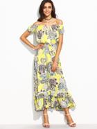 Shein Yellow Floral Print Off The Shoulder Tassel Tie Ruffle Dress