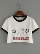 Shein Contrast Trim Bulldog Print Crop T-shirt - White