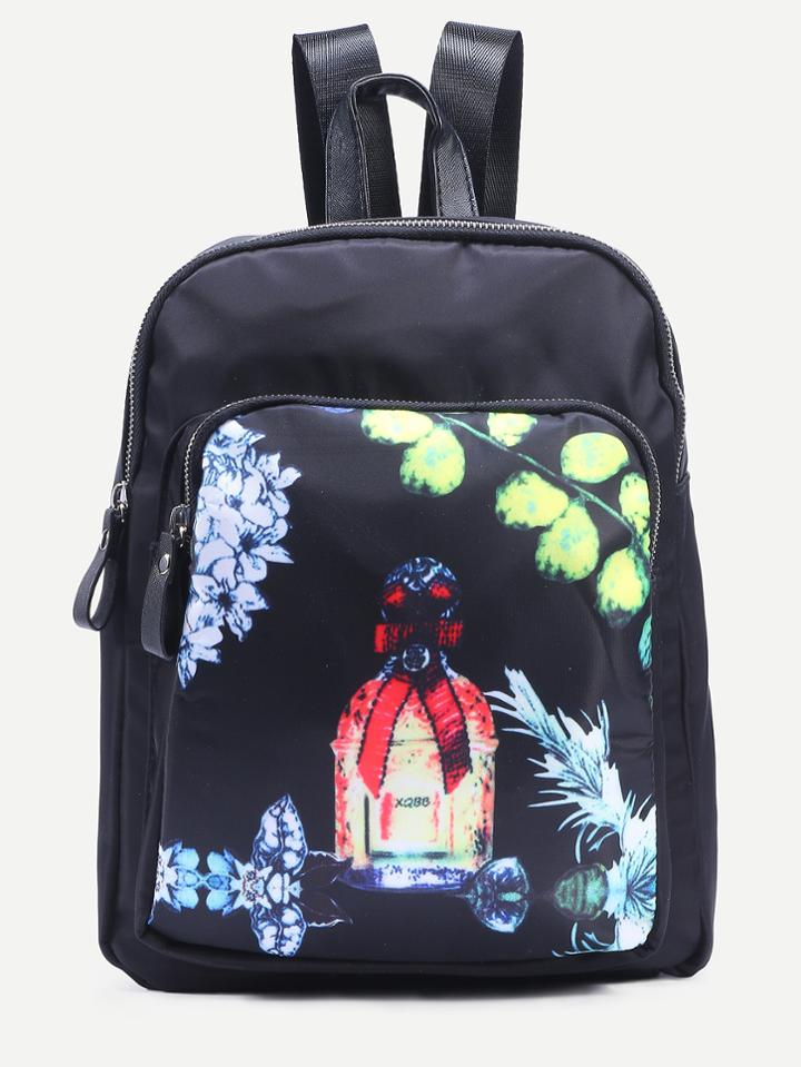 Shein Black Printed Square Nylon Backpack