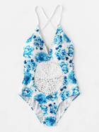 Shein Calico Print Crochet Flower Insert Cross Back Swimsuit
