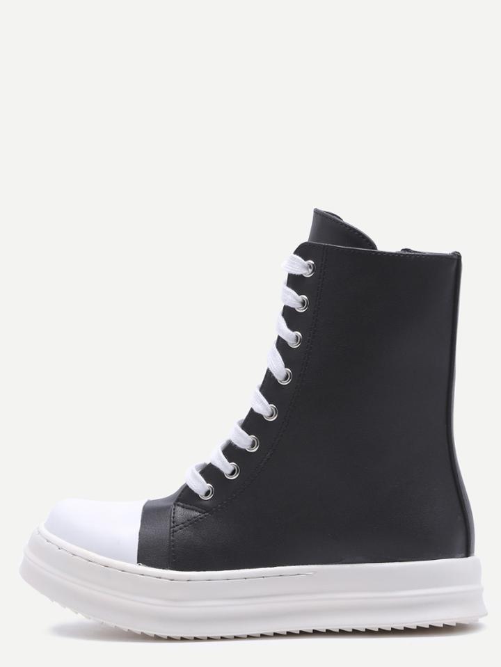 Shein Black Pu Cap Toe Lace Up High Top Boots