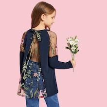 Shein Girls Botanical Embroidered Mesh Tee