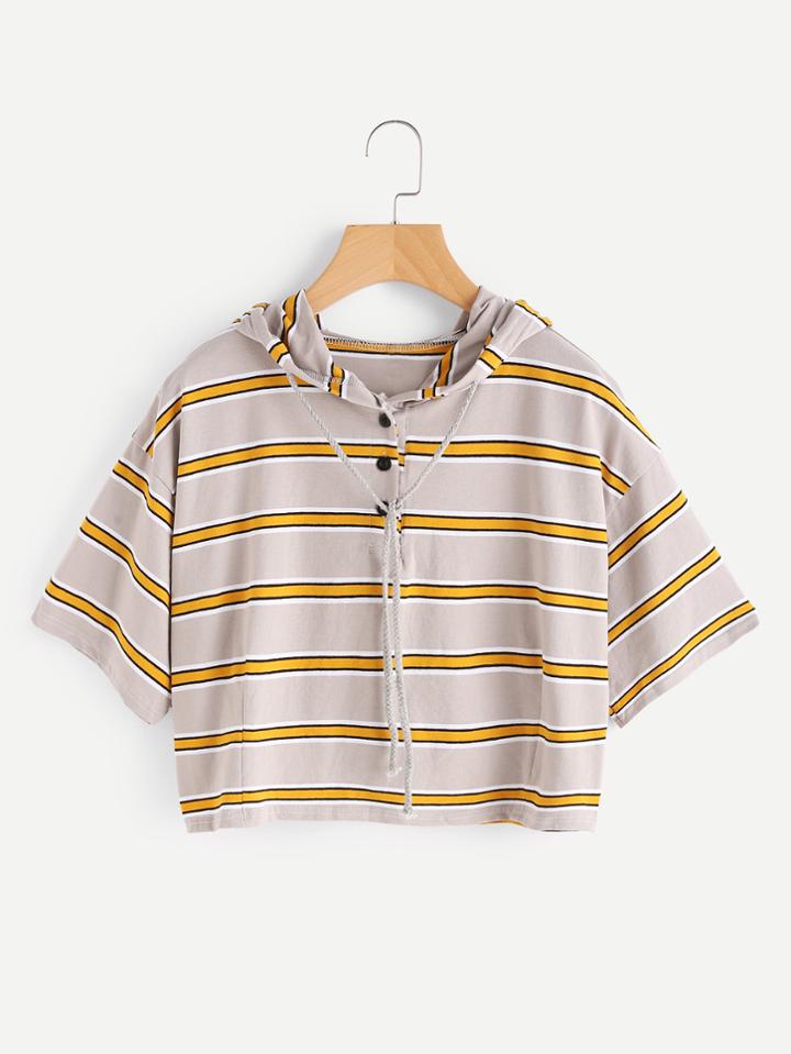 Shein Drop Shoulder Striped Drawstring Hoodie