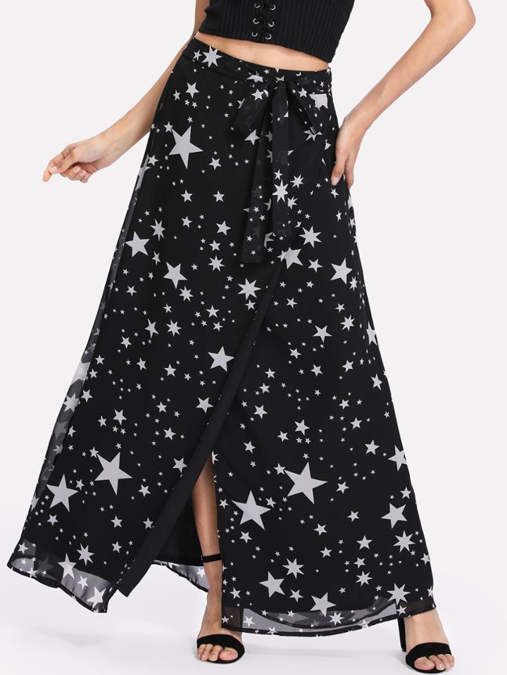 Shein Star Print Surplice Wrap Tie Waist Chiffon Skirt