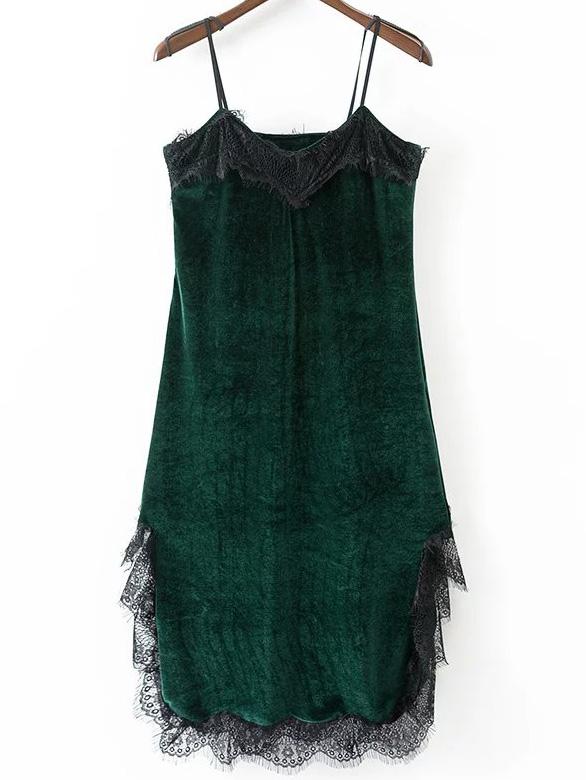 Shein Green Eyelash Detail Velvet Cami Dress