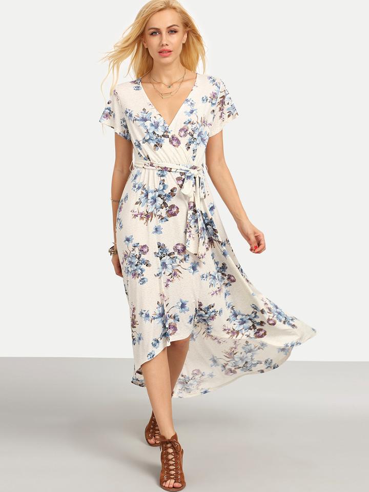 Shein Multicolor Floral Tie V Neck High Low Dress