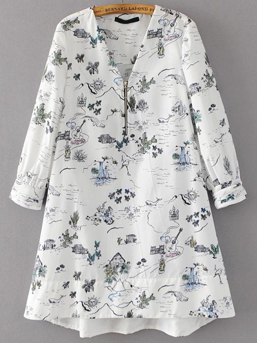Shein White Graffiti Print Zipper Front High Low Dress