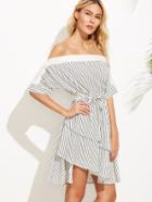 Shein White Pinstripe Belted Layered Off The Shoulder Dress