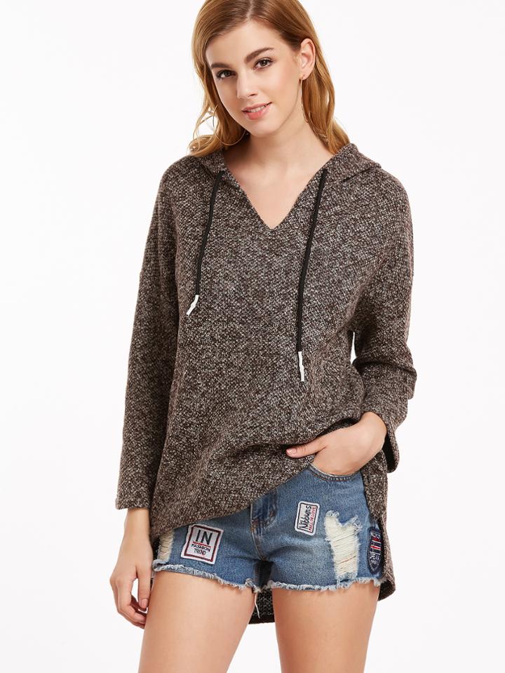 Shein Khaki Hooded Drop Shoulder Slit Side High Low Sweatshirt