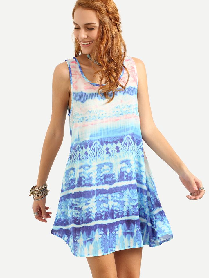 Shein Tie Dye Print Swing Tank Dress - Blue