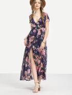Shein Multicolor Flower Print V Neck Split Chiffon Dress