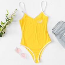 Shein Letter Embroidered Ringer Cami Bodysuit