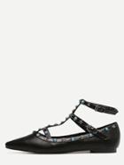 Shein Black Pointed Toe Turquoise Metal T-strap Flats