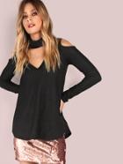 Shein Thick Rib Knit Cold Shoulder Choker Fleece Top Black