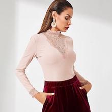 Shein Sheer Lace Insert Rib Knit Tee