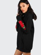 Shein Black Drop Shoulder Embroidered Rose Sleeve Hoodie