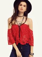 Shein Red Off The Shoulder Lace Overall Blouse