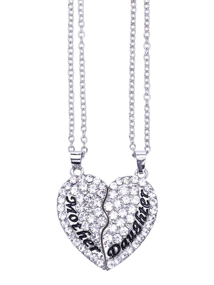 Shein Mother And Daughter White Diamond Heart Pendant Necklace