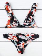 Shein Flower Print Ruffle Strap Triangle Bikini Set