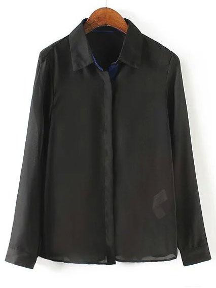 Shein Black Lapel Long Sleeve Loose Chiffon Blouse