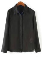 Shein Black Lapel Long Sleeve Loose Chiffon Blouse
