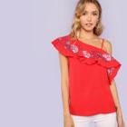 Shein Embellished One Shoulder Ruffle Top