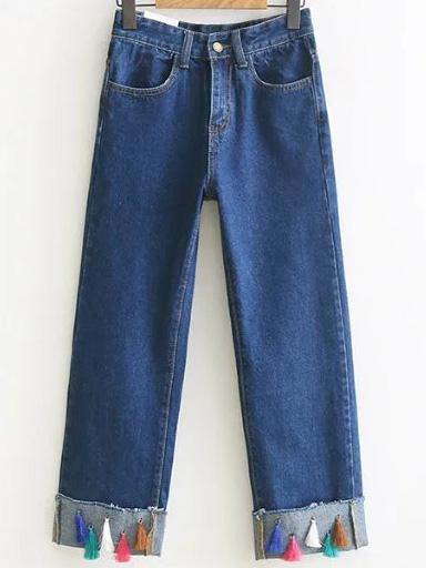 Shein Blue Rolled Hem Fringe Embellished Denim Pants